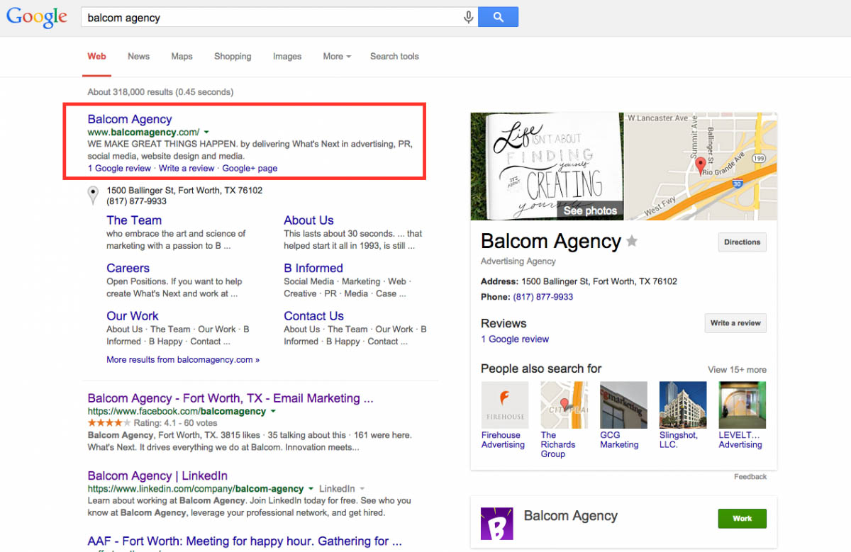 Searching for Balcom Agency on Google