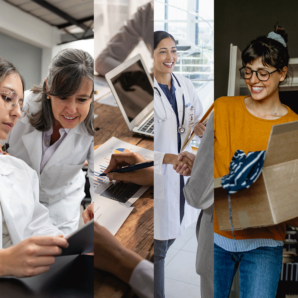 Collage of images including doctors, a person reviewing a chart, and a woman with a box