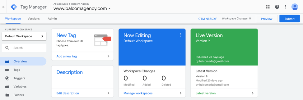 Example of Google Tag Manager Workspace